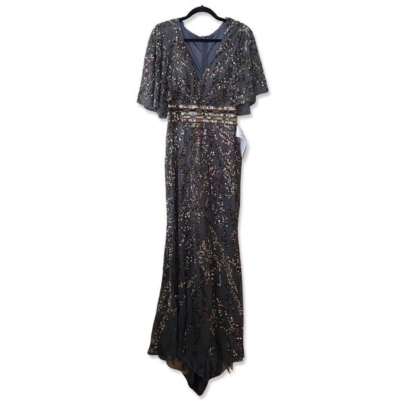 NWT Mac Duggal Charcoal Embellished Flutter Sequin Gown Dress Sz 8 $695 #5439 - Picture 6 of 12